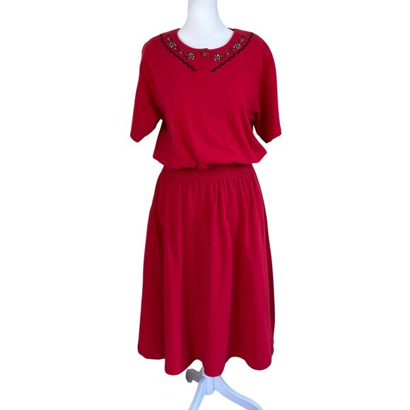 Vintage 90s Eddie Bauer Bright Red Midi Shirt Dress Elastic Waist Fit & Flare - Picture 1 of 15
